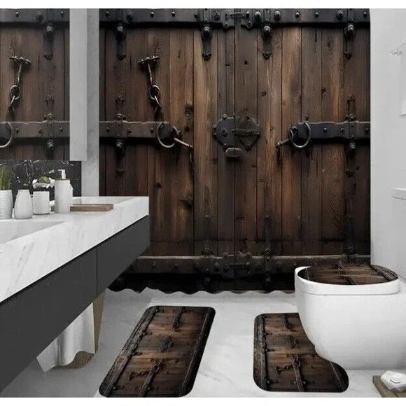 Wooden Door-4pcs (Shower Curtain/Bath Rug/U-Shape Mat/Toilet Cover)-(New Cond.) - Picture 3 of 14